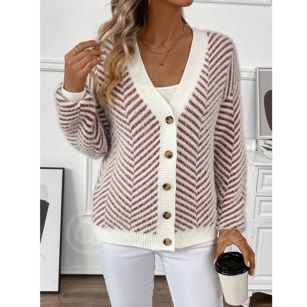 Fuzzy Chevron Brown & Off White Button Up Cardigan Long Sleeve V-Neck - Picture 6 of 7